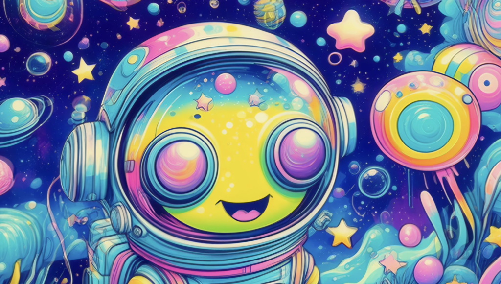 Astronaut dreaming inside glowing psychedelic aquarium with moving trippy backgrounds
